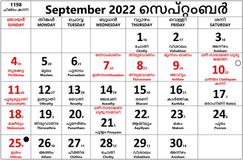 Malayalam Calendar 2022 September
